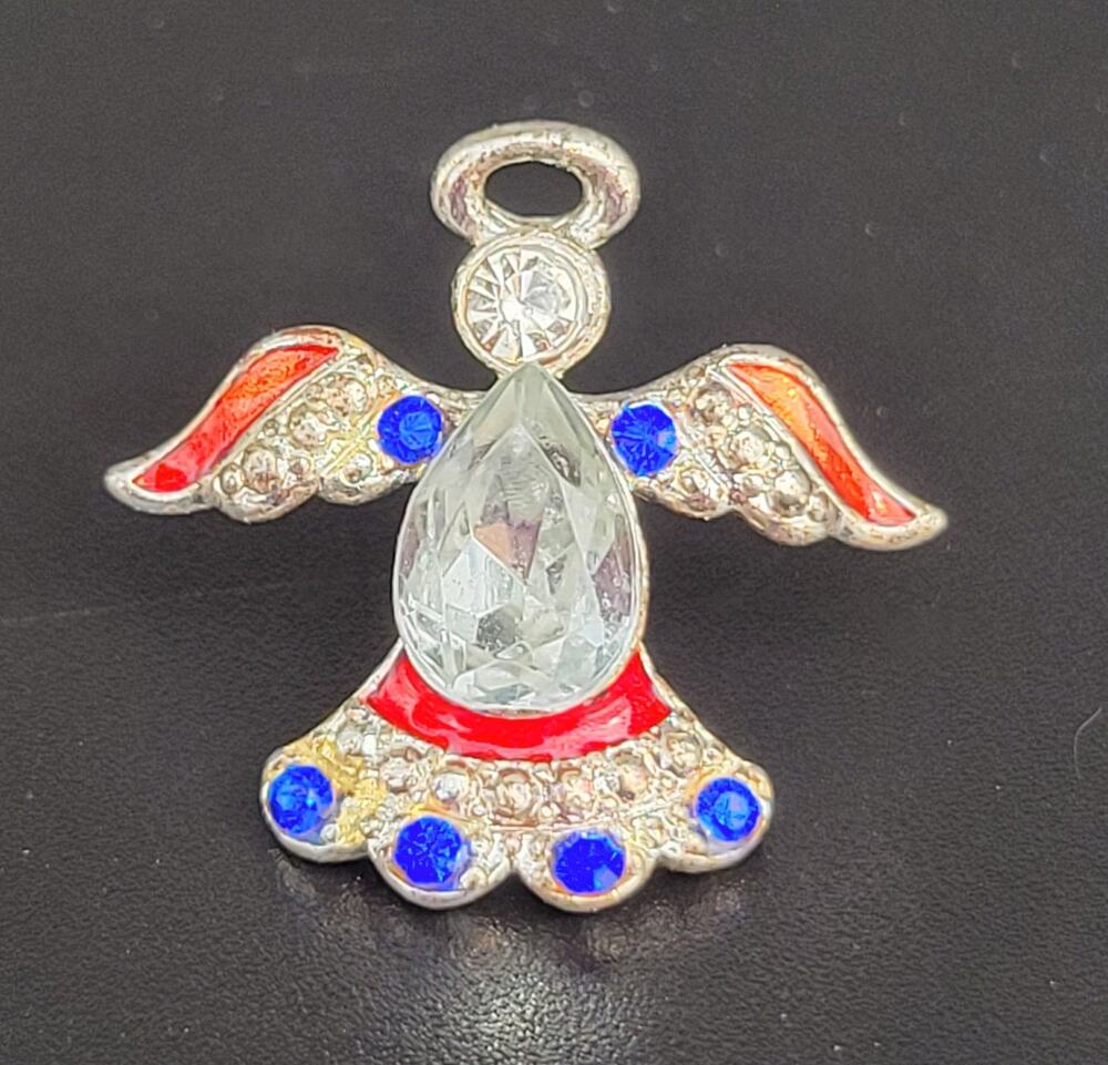 Crystal & Enamel Angel Lapel Pin Red Blue Accents 1 in Religious Patriotic USA